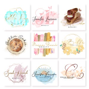 Può includere: Nove loghi ad acquerello con scritte dorate. I loghi includono nomi come Bella Kay, Jennifer Lawrence e Sarah Henrich. I temi includono bellezza, panetteria e fiorerie. Ogni logo ha un design unico, con sfondi ad acquerello e caratteri eleganti.