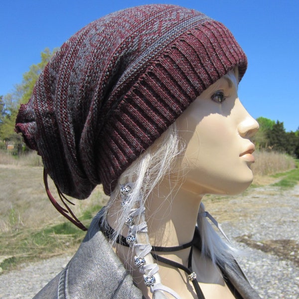Thick Bulky Slouchy Beanie Hat Burgundy Fair Isle Knit Maroon & Gray Cotton Big Oversized Baggy Tam  A1638