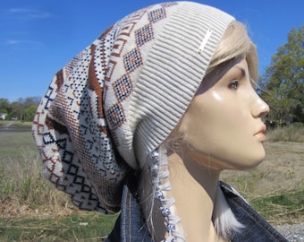 Oversized Tam Fair Isle Beanie Hat Slouchy Ivory Blue Brown Striped Cotton Baggy Back Slouch Beanie A1786