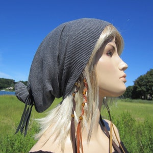 Tie Top Beanie Merino Wool Hat Slouchy Gray Womens Baggy Back Tam A1506