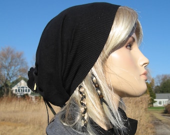 Black Italian Merino Wool Beanie Hat Slouchy Beanie Knit Hat Tam Leather Wrap Ties A1001