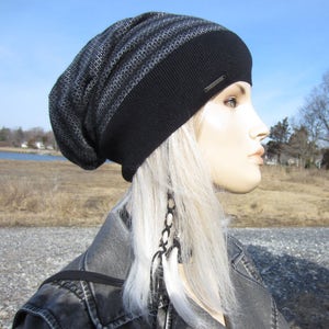 OMG Soft Cashmere Hat Slouchy Beanies for Women BOHO Clothing Embroidered Patterned Knit Stripe Black / Gray Lightweight Tam A1943