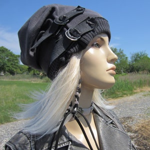 Post Apocalyptic Clothing Reworked Slouchy Beanie Hat Black Charcoal Gray Cotton Distressed Genuine Leather Belt Acid Washed Skull Cap A1972