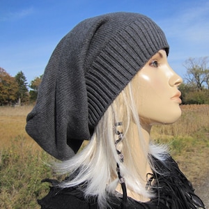 Boyfriend Slouchy Beanie, Black or Charcoal Gray Oversized Tam Cotton Winter Hats Slouch Tam Men's Women's Urban Clothing Grey A1620