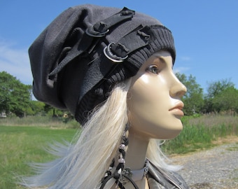 Post Apocalyptic Clothing Reworked Slouchy Beanie Hat Black Charcoal Gray Cotton Distressed Genuine Leather Belt Acid Washed Skull Cap A1972
