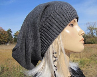 Beanie Slouchy Boyfriend, Cappelli invernali oversize in cotone Tam nero o grigio antracite Slouch Tam Abbigliamento urbano da donna per uomo Grigio A1620