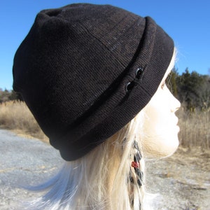 Skullcap Slouchy Cuff Beanie Brown Tribal Print Cotton Knit Hat Black leather trim Women&#39;s Winter Hats BOHO Clothing A1559