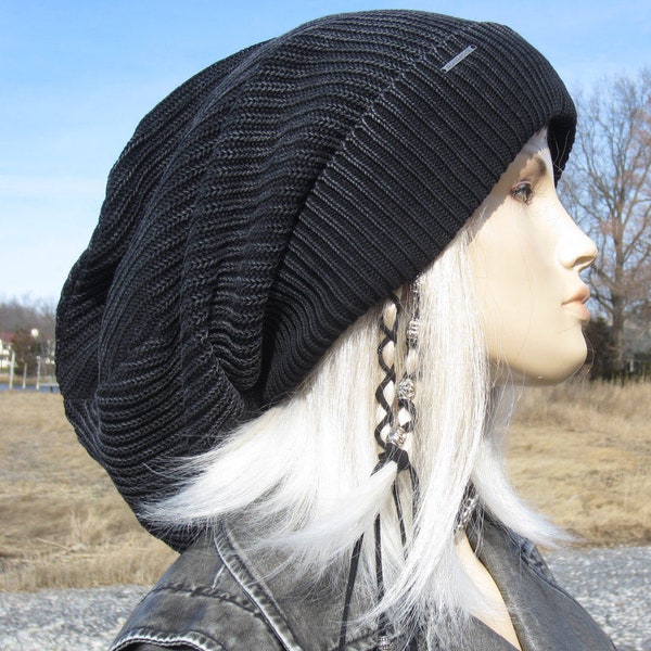 Post Apocalyptic Clothing Oversized Slouch Tam Hat Black,  Charcoal Gray or Distressed Acid Washed Thick Bulky Chunky Big Baggy Beanie A1894