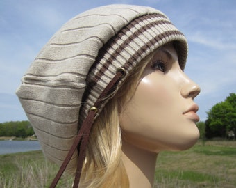 Sailor Hat Beret Slouch Beanie Tan Brown BAGGY Cotton Knit Tam A1358