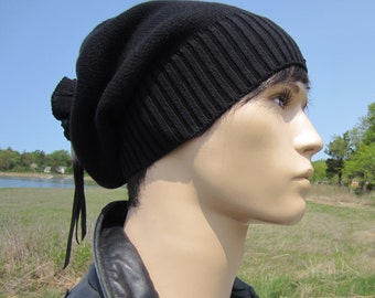 Solid Black Beanie Men's Warm Winter Hat Slouchy Tam Thick Knit Baggy Tie Back Beanies A1549 / A1707