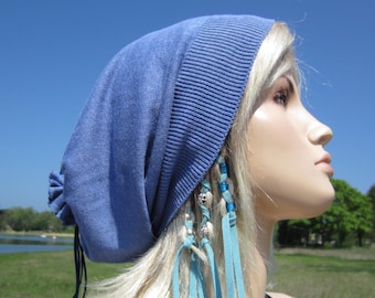 Light weight Slouchy Beanie Hat Baggy Back Tube Tam Cotton Knit Sky Blue Bohemian Clothing by VacationHouse Hats  A1299