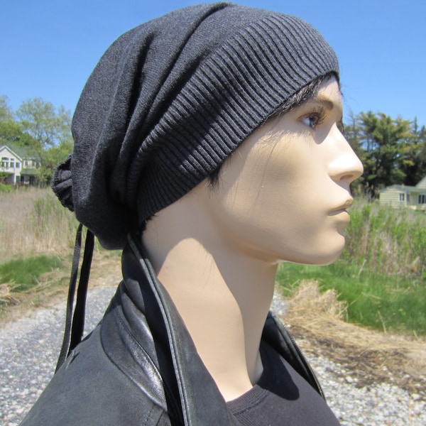 VACATIONHOUSE Hats, Cotton Slouchy Beanies Men's Big Head Tams Hats Lightweight Knit hat Charcoal Gray / Black Leather Tie Back A1385