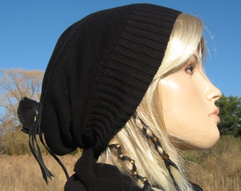 Black Knit Beanie Bohemian Style Slouchy Hat, Women's Oversized Slouch Tam / Snood A746 A748