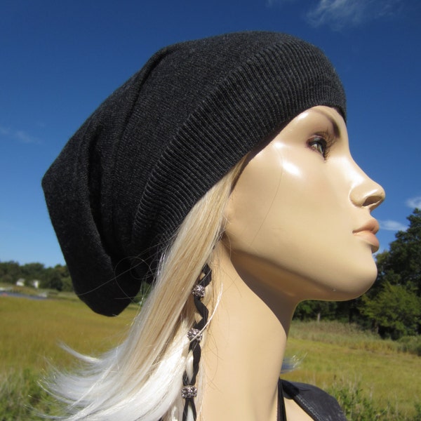 Mujer Lana Merino Sombrero de punto Gris Slouchy Beanie Sombrero Charcoal Grey Tam Ligero Long Back Tam A1195