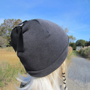 Skullcap Slouchy Cuff Beanie Black Distressed Cotton Knit Hat Black leather trim Women&#39;s Winter Hats Edgy Urban Clothing A1554