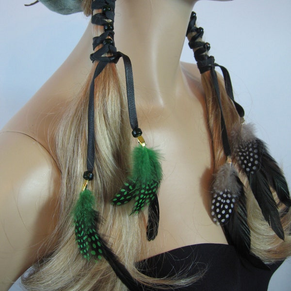 Bohemian Hippie Headband Hair Extension Long  Leather Wrap Feathers and Glass Beads Ponytail Holder Barette Z106F