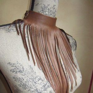 Long Leather Fringe Necklace,  Leather Jewelry Brown Bib Choker Neck Cuff Big Statement Piece L2007