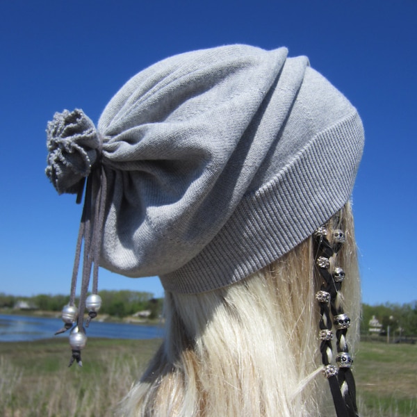 Bohemian Clothing Women Freshwater Pearls Lightweight Beanies Summer Hat Gray Slouchy Leather Tie Back PIMA Cotton A1342