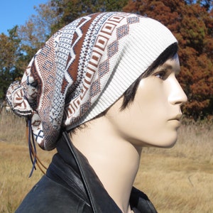 Knit Beanie Hat Slouch Tam Ivory Blue Brown Fair Isle Striped Oversized Cotton Leather Tie Back Slouchy Beanie for Men  A1786