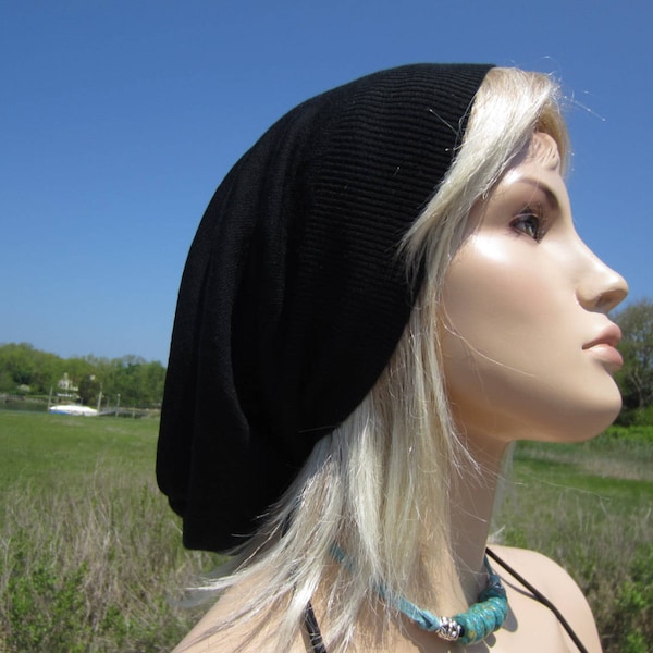 Long Fine Italian Merino Wool Long Slouch Back Beanie Black Knit Hat Tam A1195