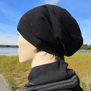 Cashmere Black Slouchy Beanie Hat for Men Wool Cashmere Cotton Blend Closed or Leather Tie Back Tam A49