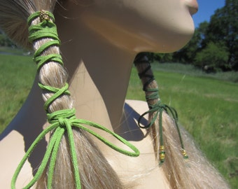 Leather Ponytail Holder Beaded Hair Ties Braid Wraps Lime Green Suede Extensions Bohemian Hair Accessories   Z114