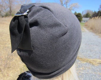 Skullcap Slouchy Cuff Beanie Black Distressed Cotton Knit Hat