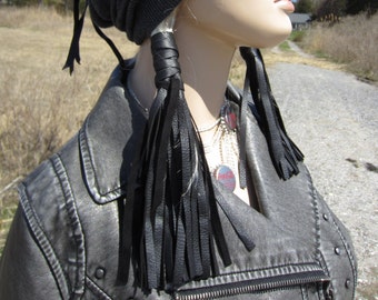 Black Leather Hair ties, Fringe Ponytail Holder Hair Wrap Extensions, BOHO Hair Jewelry Bohemian Clothing Z1111