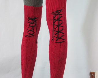 Thigh High Leg Warmers Black Lace Up Corset Over the Knee Sock, Red Cable Knit A1362