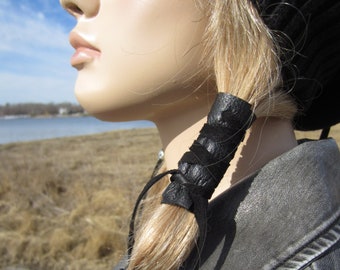 Black Leather Hair Wrap Ponytail Holder Hair Jewelry BOHO Bohemian Resort Wear Z1010