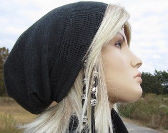 Merino Wool Slouch Beanie Hat Charcoal Gray Knit Tam A1219