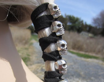 Postmortem Funeral Ponytail Holder Hair Accessories Skull Jewelry Black Leather Hair Ties Suede Biker Wrap Braid in Z106
