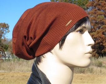 Slouchy Beanie Hat Knit Tam Men's Cinnamon Brown Wool Blend A1806