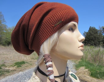 Slouchy Beanie Hat Knit Tam BOHO Accessories for Women Cinnamon Brown Wool Blend A1806