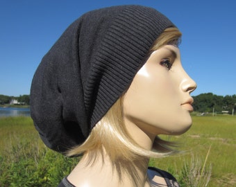 Women's Oversized Tams Hats Big Head Slouchy Beanies Combed Cotton Lightweight Knit hat Charcoal Gray A1385