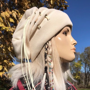 Women Slouchy Beanies Knit Hat Ivory Off White Thermal Tam Warm Winter Cotton Leather Lace Corset Tie Cream BOHO Streetwear Clothing A2243