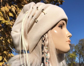 Women Slouchy Beanies Knit Hat Ivory Off White Thermal Tam Warm Winter Cotton Leather Lace Corset Tie Cream BOHO Streetwear Clothing A2243