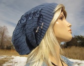 Denim Blue Hat Cable Knit Beanie Tam Slouchy Lace up Corset Leather Tie A1228