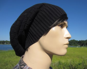 BOHO Men's Clohting Black Beanie Cable Knit Winter Hat, Men's Slouch Tam A1034