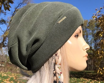 Thermal Knit Slouchy Beanie Hat Slouch Cap Olive Green Camo or Black Distressed Acid Washed 100 COTTON VacationHouse Hats A1802