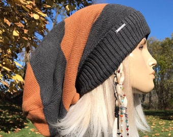 Cotton Slouchy Tam Women's Winter Hats Long Back Hat Mustard Yellow & Gray Striped Big Head Baggy Slouch Beanie Cotton Knit Warm A1680