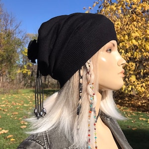 Black Silk Beanie Pearl Slouchy Beanie Women&#39;s Black Hat Lightweight Silk & Cotton Blend Genuine Fresh Water Pearls A1202