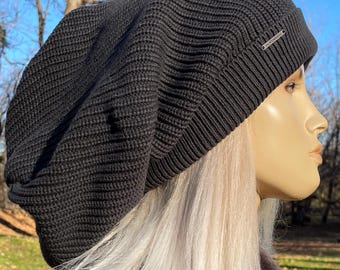 Charcoal Gray Oversized Slouch Tam Hat Thick Bulky Chunky Big Baggy Beanie Women's Winter Hats A1894