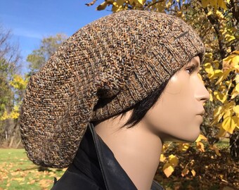 Men's Winter Slouchy Knit Hat Wool Blend Beanie Brown Tan Cuffed Tweed Slouch Tams Warm Bohemian Grunge Clothing VacationHouse Hats A1810