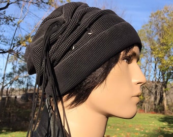 Acid Washed Black Slouchy Beanie Hat Thermal Knit Slouch Tam Leather Corset Lace Top BOHO Blue Streetwear Clothing VacationHouse A2243