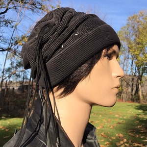 Acid Washed Black Slouchy Beanie Hat Thermal Knit Slouch Tam Leather Corset Lace Top BOHO Blue Streetwear Clothing VacationHouse A2243