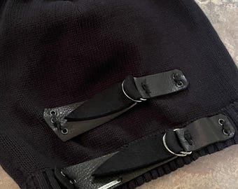Streetwear Clothing Slouchy Beanie Hat Mens Womens Leather Belt Strap Buckle Black Cotton Genuine Leather Grommets Skull Cap Knit hats A1972