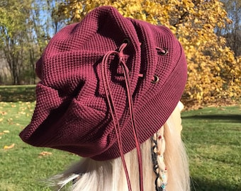 Women Slouchy Beanies Hat Burgundy Wine Red Thermal Knit Tam Warm Winter Cotton Leather Lace Corset BOHO Grommet Streetwear Clothing A2243