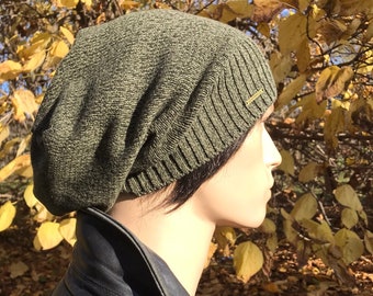 Bonnets en tricot de coton pour hommes Bonnet souple en tricot vert olive Tam Boho Vêtements Baggy, dos long en coton Tam A1671