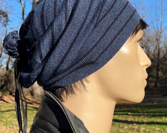 Tie Back Beanie Slouchy Italian Merino Wool Unique Trendy BOHO Clothing Style Slouchy Hat Royal Blue Striped Light Weight for Men A1794
